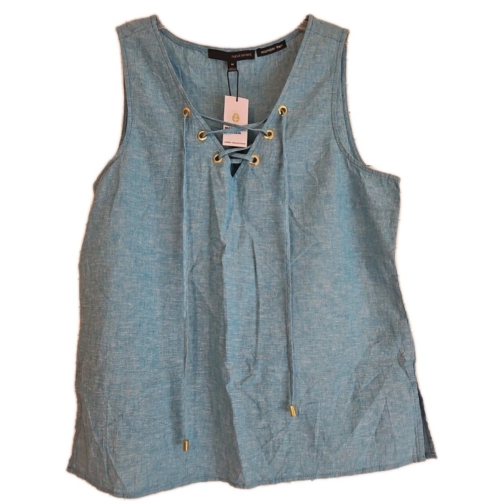 NWT Harve Benard Womens Blue Lace Up Natural Washable Linen Tank Top Medium